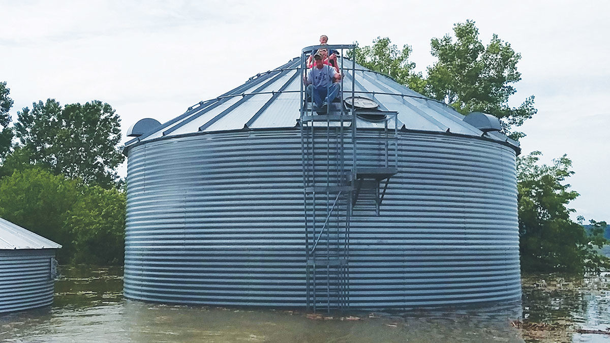Fraley grain bin surrounded by water